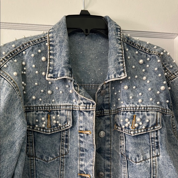 Denim Pearl-Studded Jacket - Picture 2 of 5
